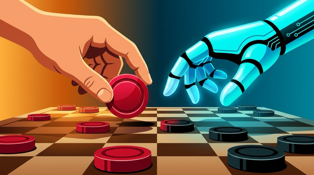 Checkers game board with red and black pieces