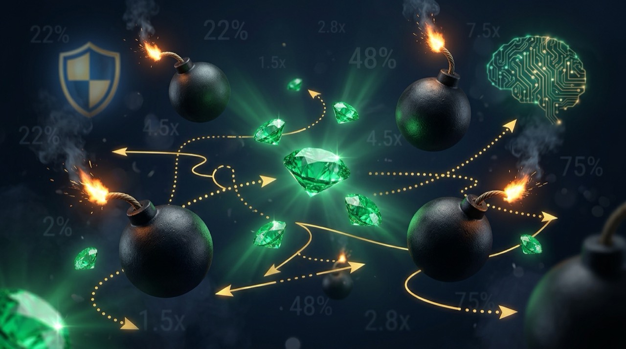 Abstract mines game strategy with bombs and emeralds