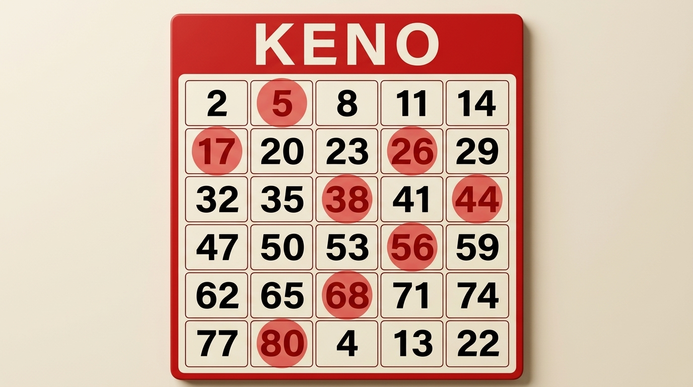 Keno game card with numbered balls marking the winning hits