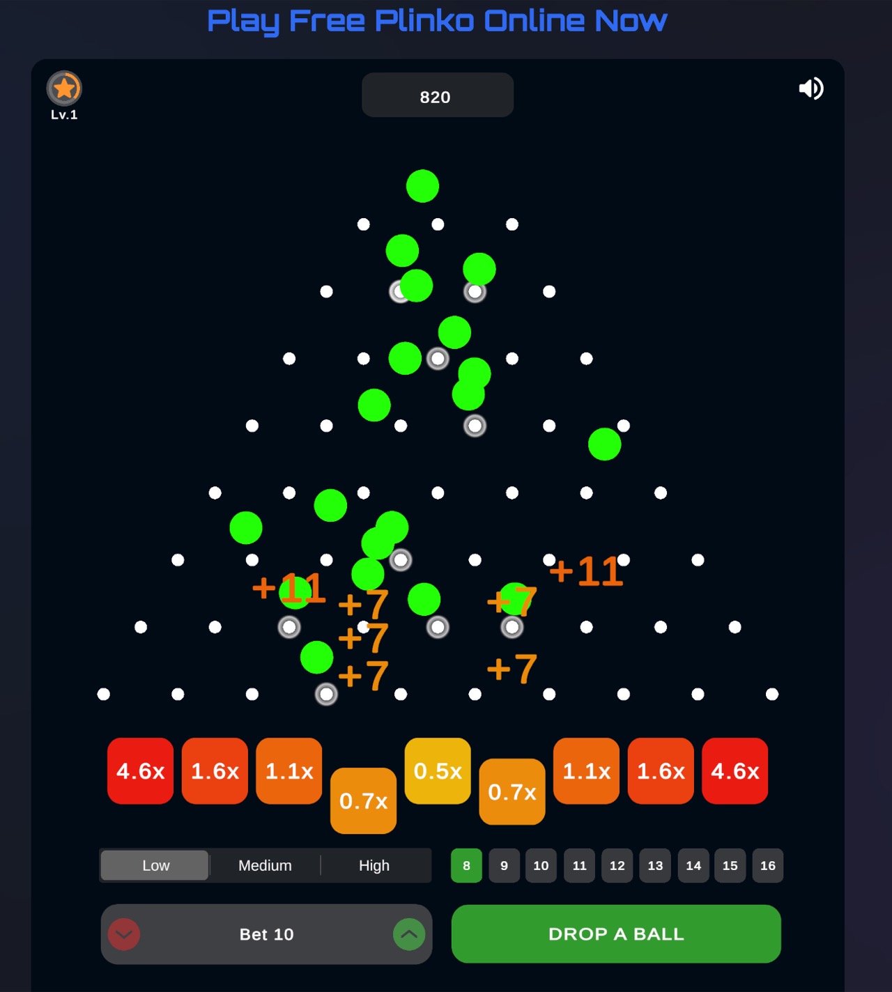 Plinko simulator with green balls bouncing through pegs
