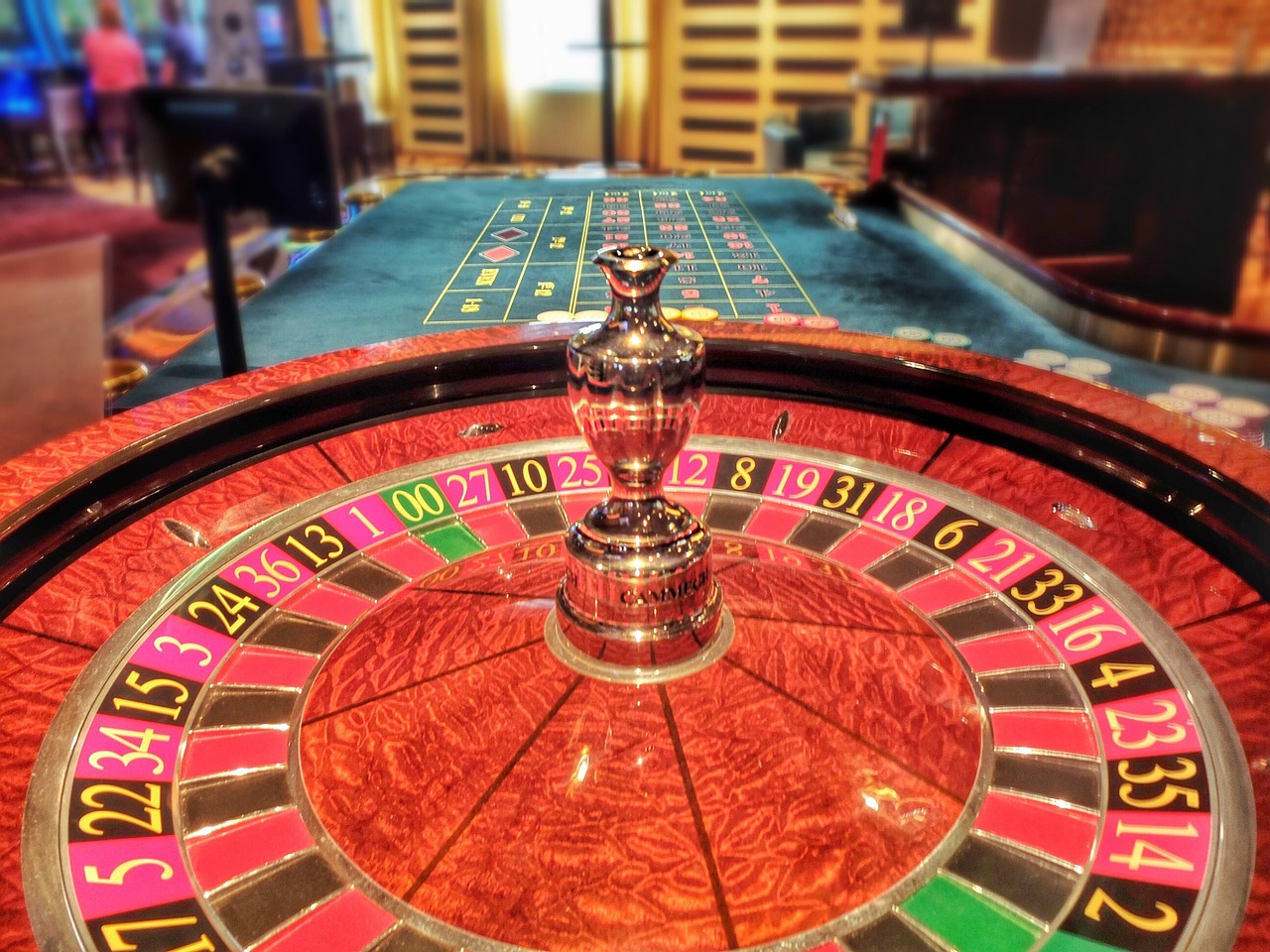 Roulette wheel and betting table in a casino